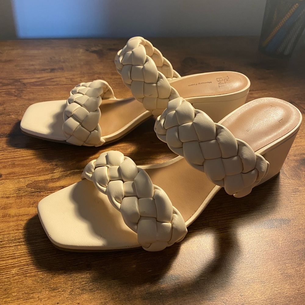 Time and Tru White Braided Heels